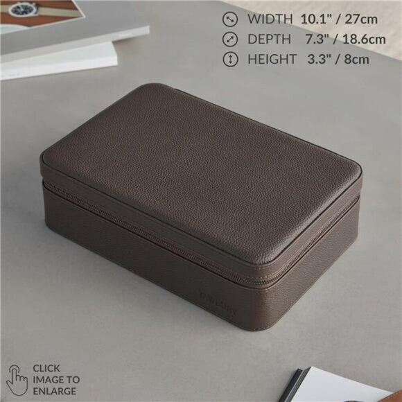 Tawbury Leather Watch Case 8 Slot Travel Watch Box with Zipper Brown - Picture 3 of 8